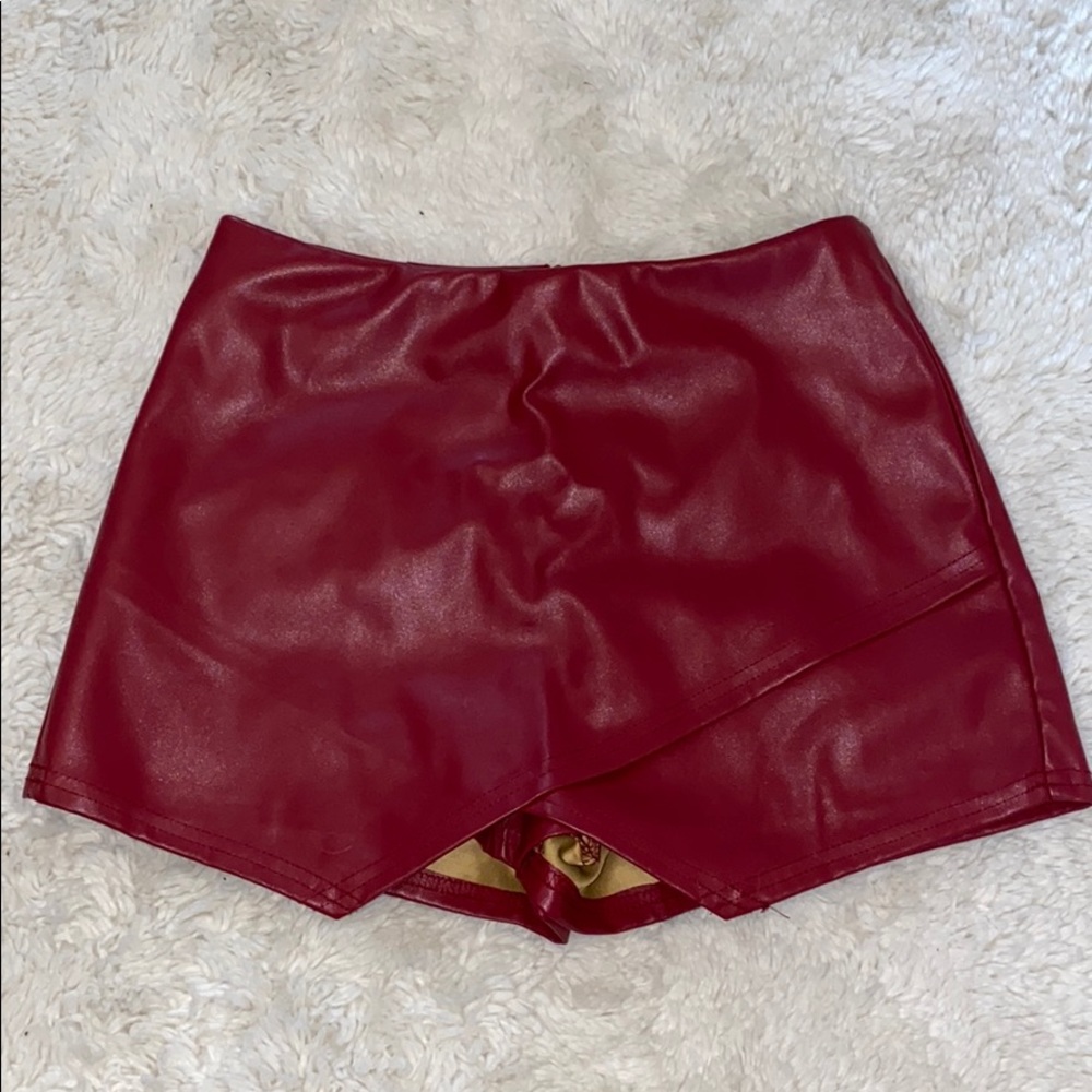 Maroon red leather skort